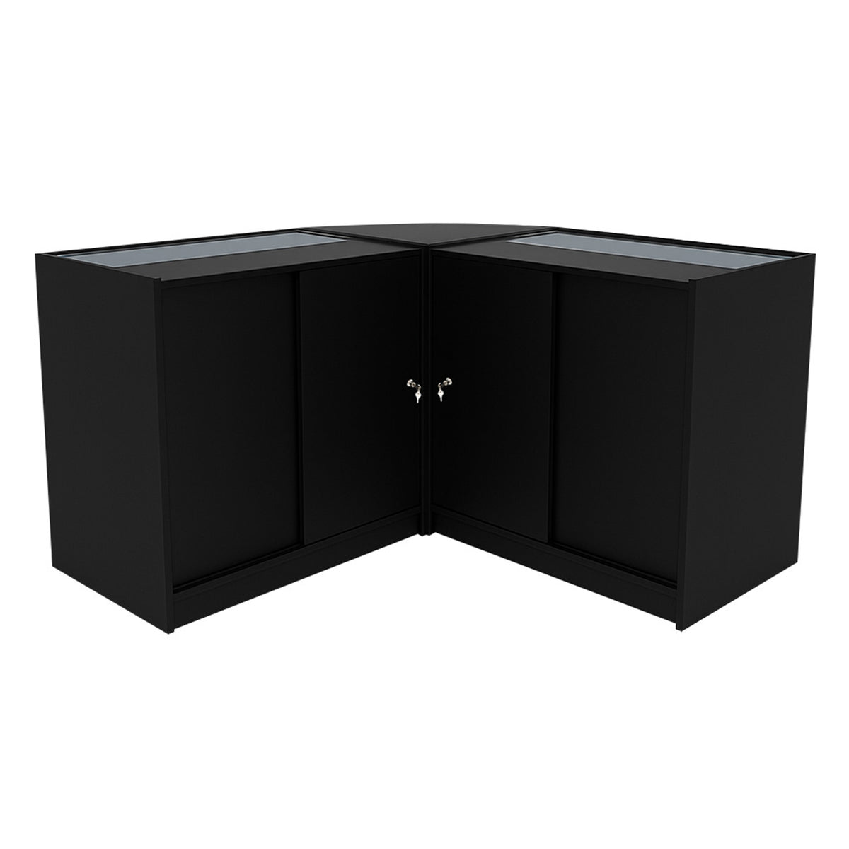 Schwarzes Hera LED Verkaufstheken-Set mit zwei Glastüren, modernem Design und glatten Oberflächen, ideal für Verkaufsräume und Ausstellungen