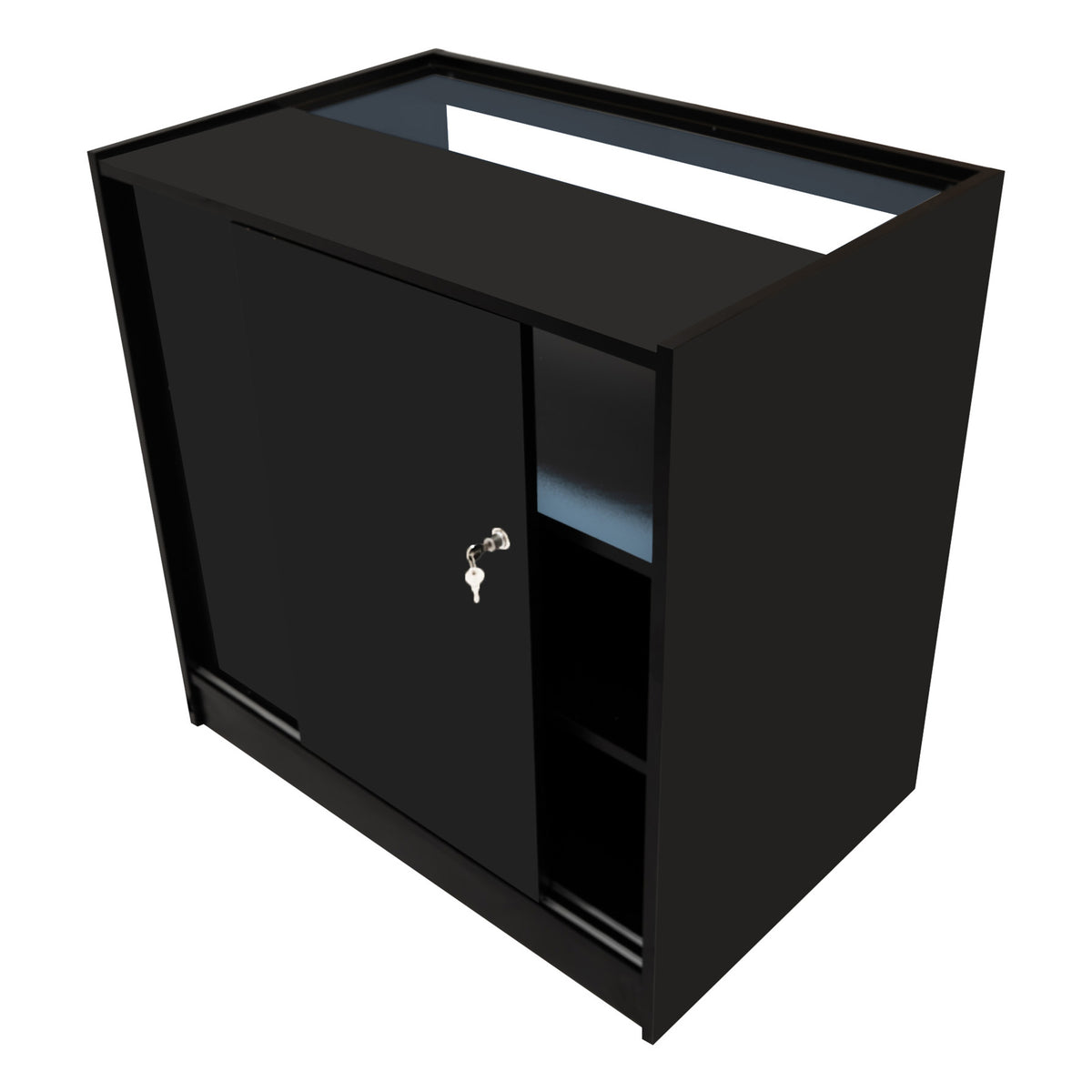 Schwarzes LED-Verkaufstheken-Set mit zwei Einheiten, modernem Design, glänzender Oberfläche, abschließbarem Schrank und offenen Regalen für optimale Präsentation