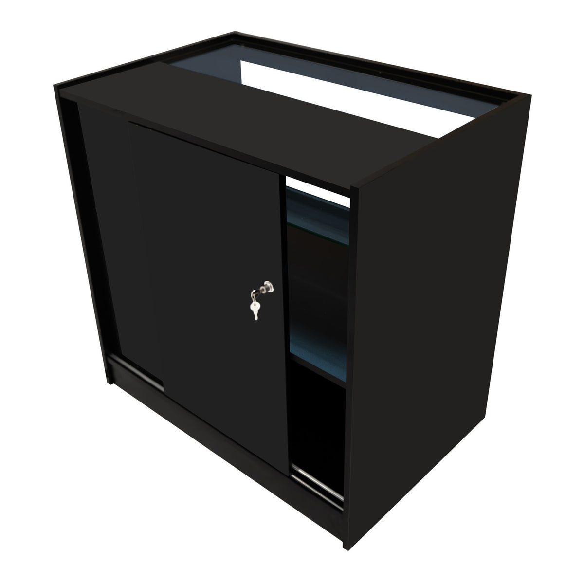 Schwarzes Andromeda LED Verkaufstheken-Set LM60 + C900 mit glatter Oberfläche, abschließbarem Schrank und beleuchtetem Innenraum, ideal für Verkaufsräume