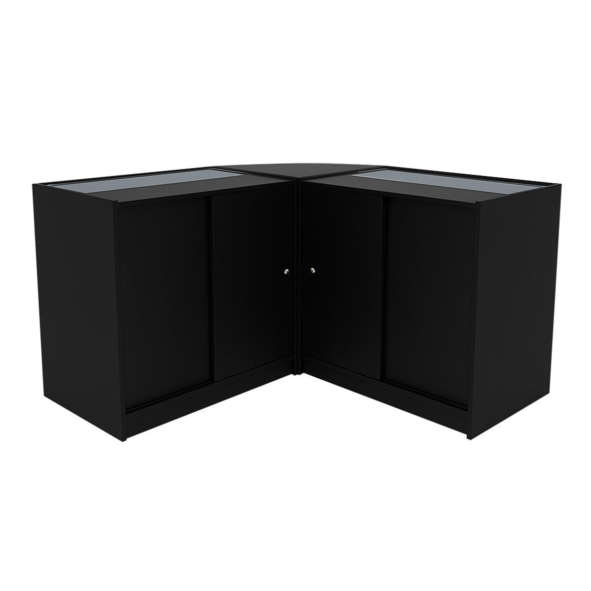 Schwarzes Andromeda LED Verkaufstheken-Set LM60 + C900, moderne, eckige Form mit Glasoberflächen und geschlossenen Fächern für optimale Präsentation