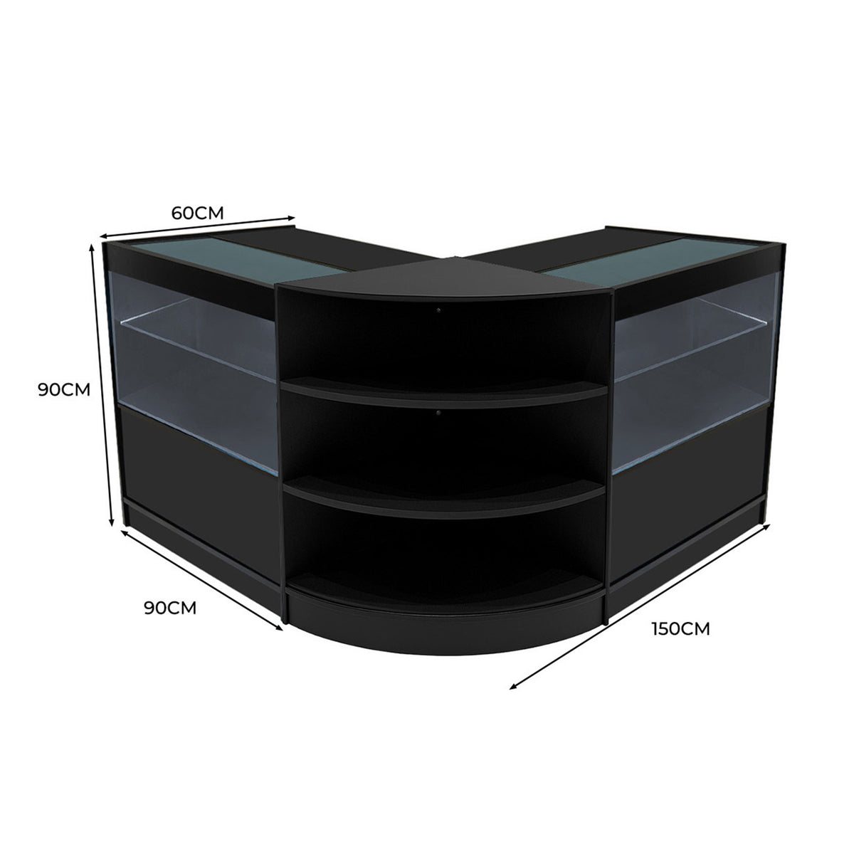 Schwarzes Andromeda LED Verkaufstheken-Set mit zwei Ecken, Glasregalen und modernen, eleganten Linien, ideal für Verkaufsräume und Ausstellungen