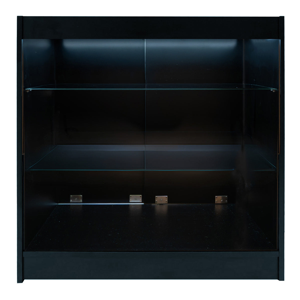 Schwarzes Apollo LED Verkaufstheken-Set LM60 + K900 mit zwei Regalen aus Glas, elegant und modern, ideal für Verkaufsräume und Ausstellungen