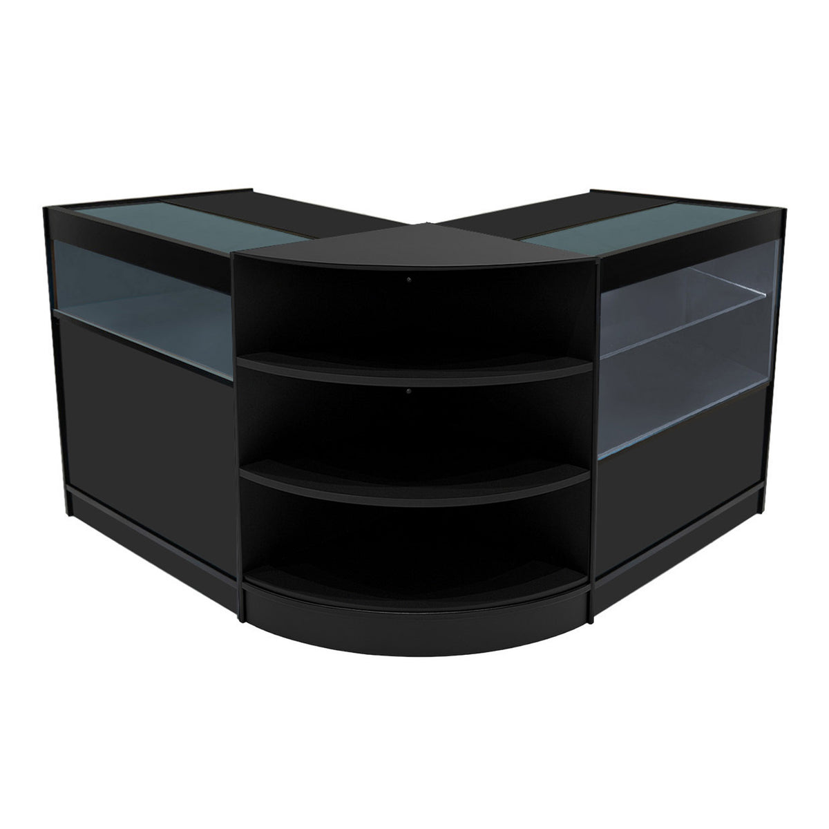 Elegantes Verkaufstheken-Set in Schwarz mit klaren Glasflächen, abgerundeten Ecken und offenen Regalen für optimale Präsentation und Stauraum