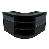 Elegantes Verkaufstheken-Set in Schwarz mit klaren Glasflächen, abgerundeten Ecken und offenen Regalen für optimale Präsentation und Stauraum