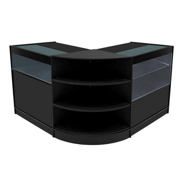 Elegantes Verkaufstheken-Set in Schwarz mit klaren Glasflächen, abgerundeten Ecken und offenen Regalen für optimale Präsentation und Stauraum