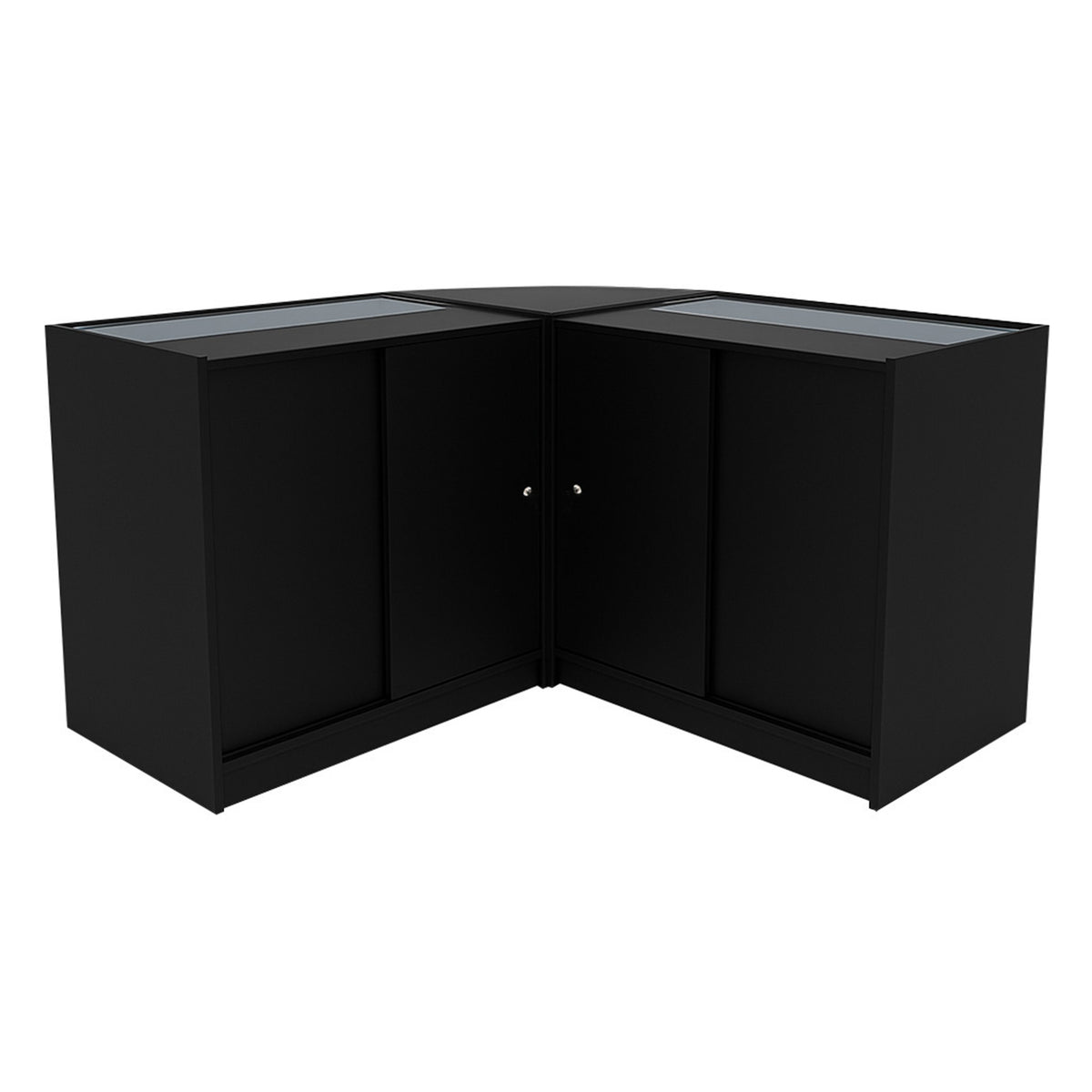 Elegantes Verkaufstheken-Set in Schwarz mit Glasoberflächen, ideal für die Präsentation von Produkten in einem modernen Verkaufsraum