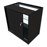 Schwarzes LED Verkaufstheken-Set mit gläsernen Regalen, eleganter, moderner Form und glänzender Oberfläche, ideal für Verkaufsräume und Ausstellungen