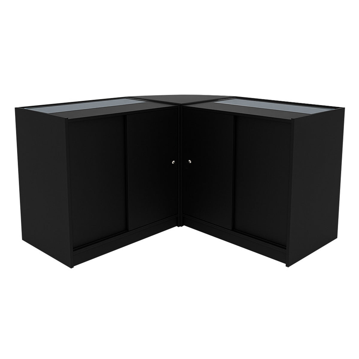 Schwarzes Demeter LED Verkaufstheken-Set mit gläsernen Oberflächen, modernem Design und praktischen Schiebetüren für optimalen Stauraum
