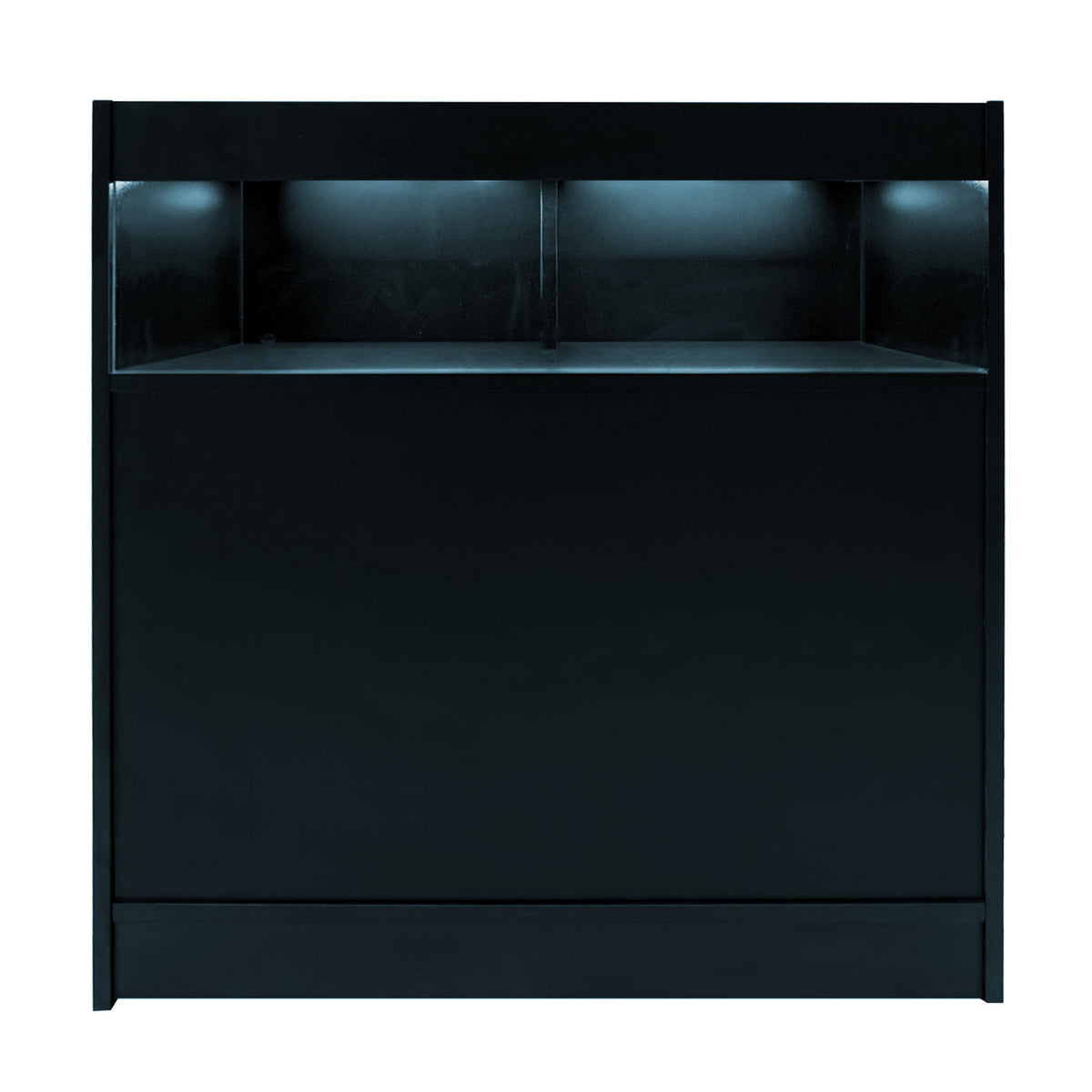 Schwarzes Luna LED Verkaufstheken-Set mit zwei Theken und beleuchtetem Oberteil, modern und elegant, ideal für Verkaufsräume und Events