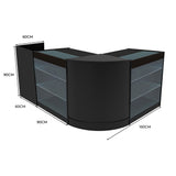 Schwarzes Aries LED Verkaufstheken-Set mit zwei Einheiten, abgerundeten Kanten, Glasregalen und modernen LED-Leuchten, ideal für Verkaufsräume