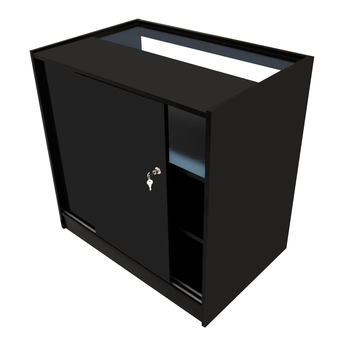 Schwarzes LED Verkaufstheken-Set mit zwei Einheiten, glänzender Oberfläche, abschließbarem Schrank und offenen Regalen für optimale Präsentation