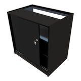 Schwarzes LED Verkaufstheken-Set mit zwei Einheiten, glänzender Oberfläche, abschließbarem Schrank und offenen Regalen für optimale Präsentation