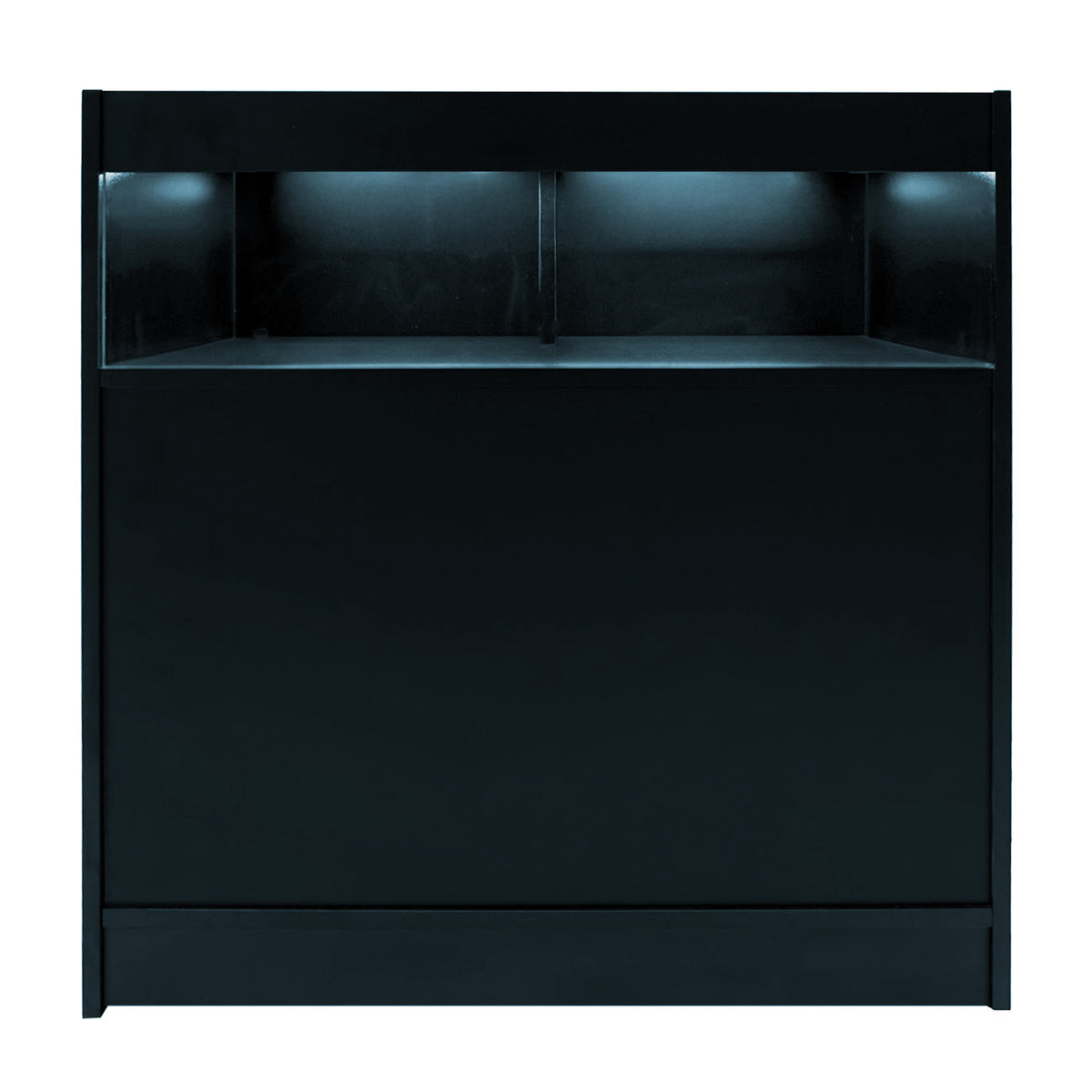 Schwarzes Sagittarius LED Verkaufstheken-Set mit zwei Stück, modernem Design, glatter Oberfläche und integrierter Beleuchtung für optimale Sichtbarkeit