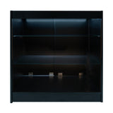 Schwarzes Astro LED Verkaufstheken-Set mit zwei Regalen, glänzender Oberfläche, integrierter Beleuchtung und modernem, minimalistischen Design