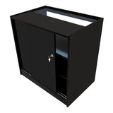Schwarzes LED Verkaufstheken-Set mit glatter Oberfläche, abschließbarem Schrank und offenen Regalen, ideal für Verkaufsräume und Ausstellungen