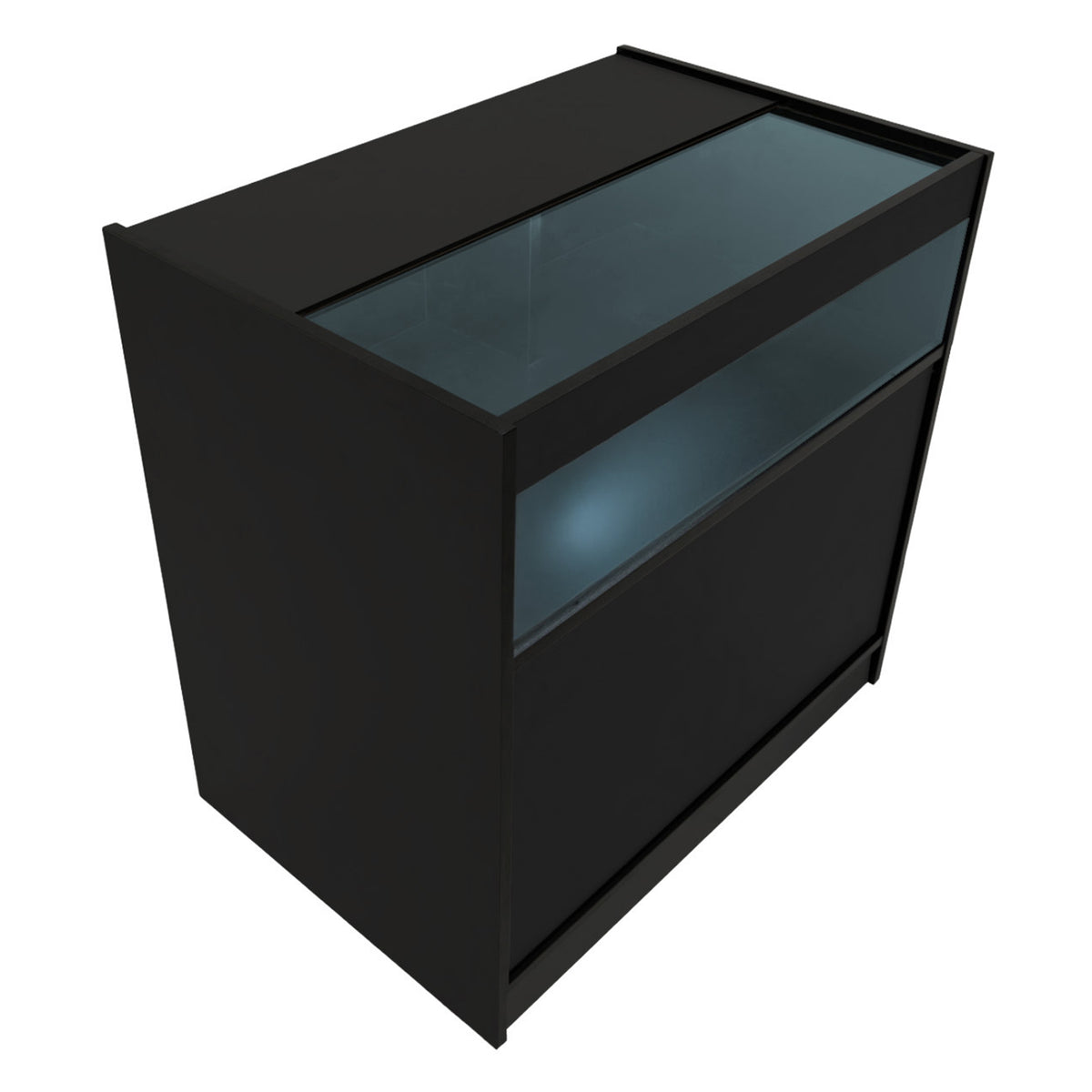 Schwarzes Hyperion LED Verkaufstheken-Set mit gläserner Oberseite, modernem Design und klaren Linien, ideal für Verkaufsräume und Ausstellungen