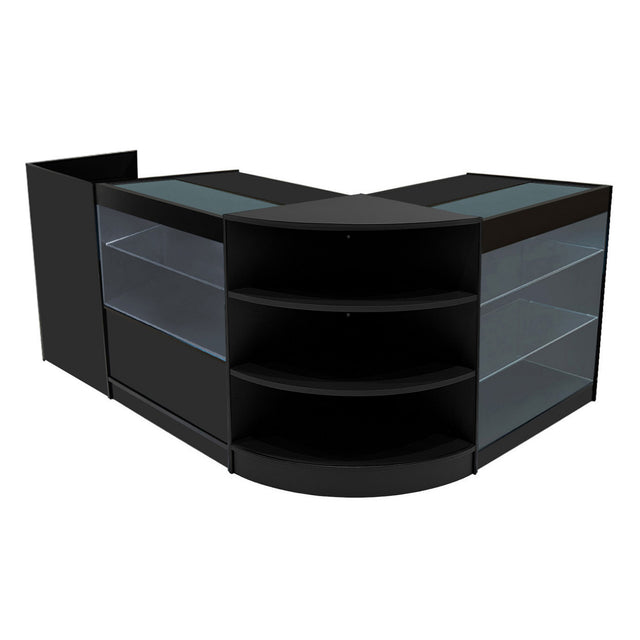 Schwarzes Theia LED Verkaufstheken-Set mit Glasregalen, modernem Design und abgerundeten Kanten, ideal für Verkaufsräume und Ausstellungen