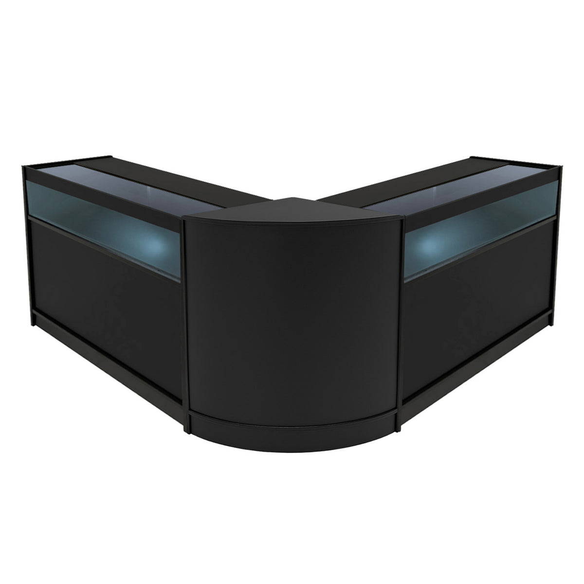 Schwarzes Iris LED Verkaufstheken-Set CM60 + B1200, elegant geformt mit Glasoberflächen und integrierter Beleuchtung für ansprechende Produktpräsentation
