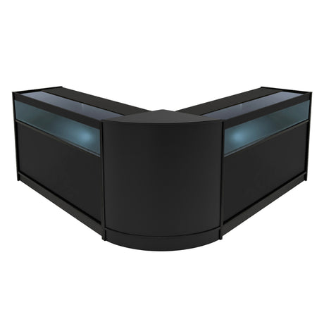 Schwarzes Iris LED Verkaufstheken-Set CM60 + B1200, elegant geformt mit Glasoberflächen und integrierter Beleuchtung für ansprechende Produktpräsentation