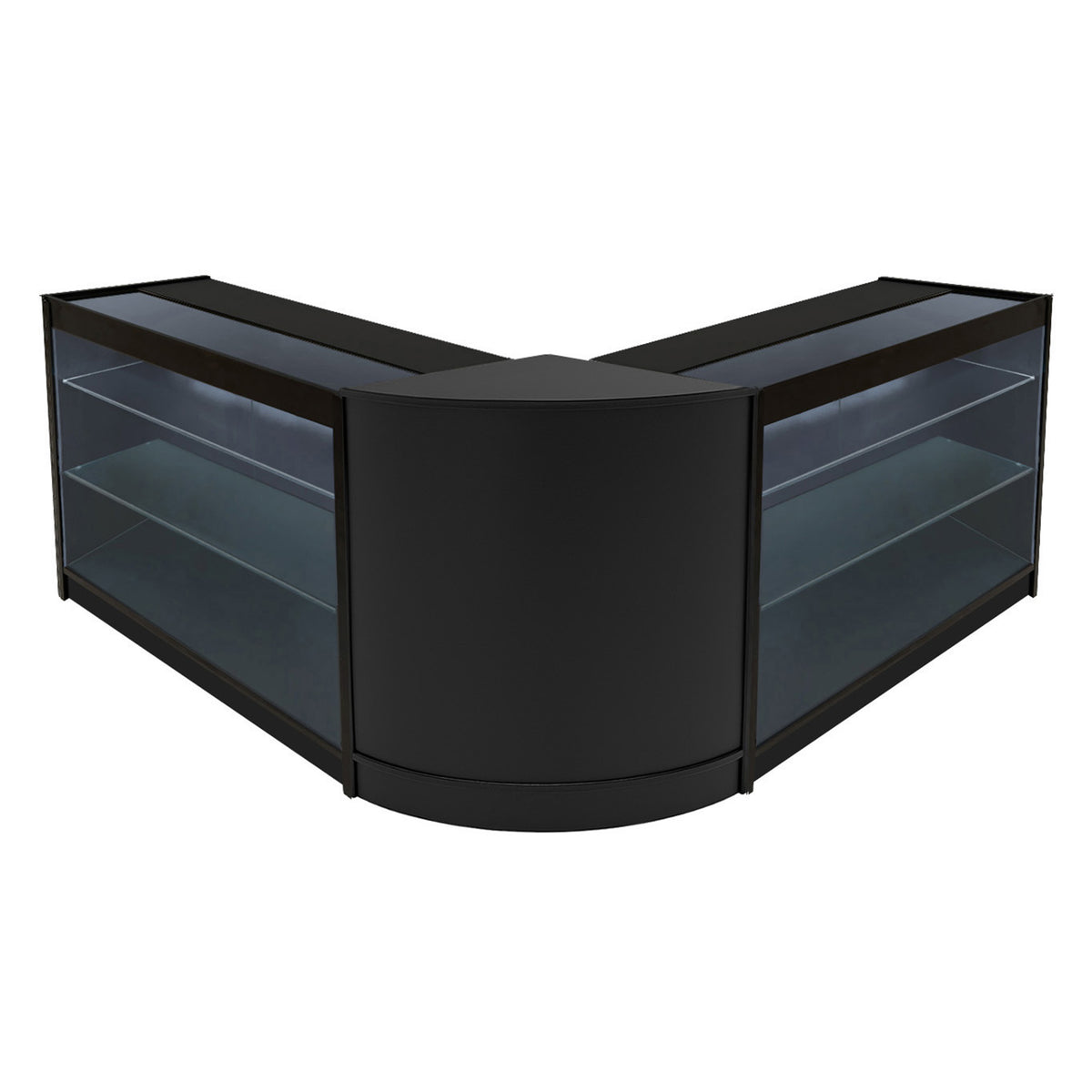 Schwarzes Helios LED Verkaufstheken-Set mit zwei Vitrinen, elegantem Design, glatten Oberflächen und beleuchteten Glasregalen für optimale Produktpräsentation