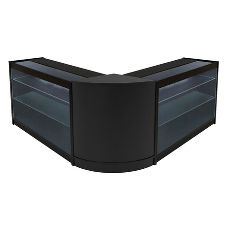 Schwarzes Helios LED Verkaufstheken-Set mit zwei Vitrinen, elegantem Design, glatten Oberflächen und beleuchteten Glasregalen für optimale Produktpräsentation