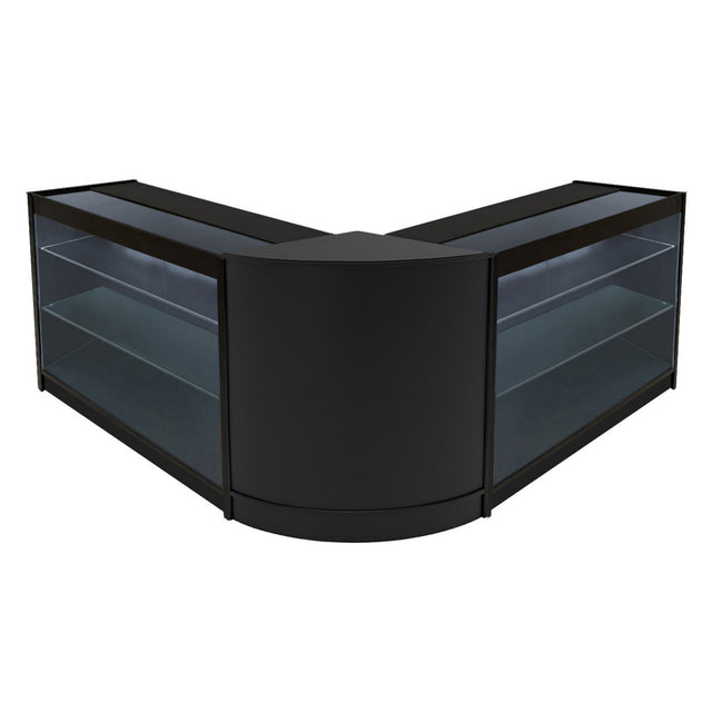 Schwarzes Helios LED Verkaufstheken-Set mit zwei Vitrinen, elegantem Design, glatten Oberflächen und beleuchteten Glasregalen für optimale Produktpräsentation