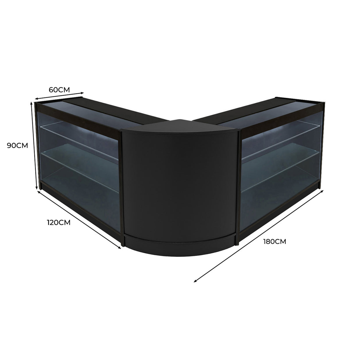 Schwarzes Helios LED Verkaufstheken-Set mit zwei eleganten, gewinkelten Theken, Glasregalen und modernen LED-Leuchten, ideal für Verkaufsräume