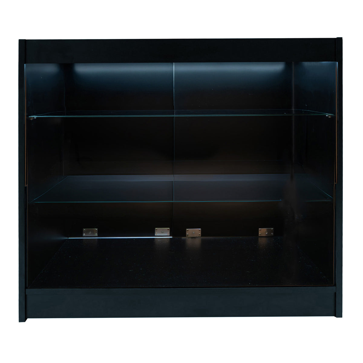 Schwarzes Helios LED Verkaufstheken-Set mit zwei Regalen, glänzender Oberfläche, integrierter Beleuchtung und klaren Glasablagen für optimale Präsentation