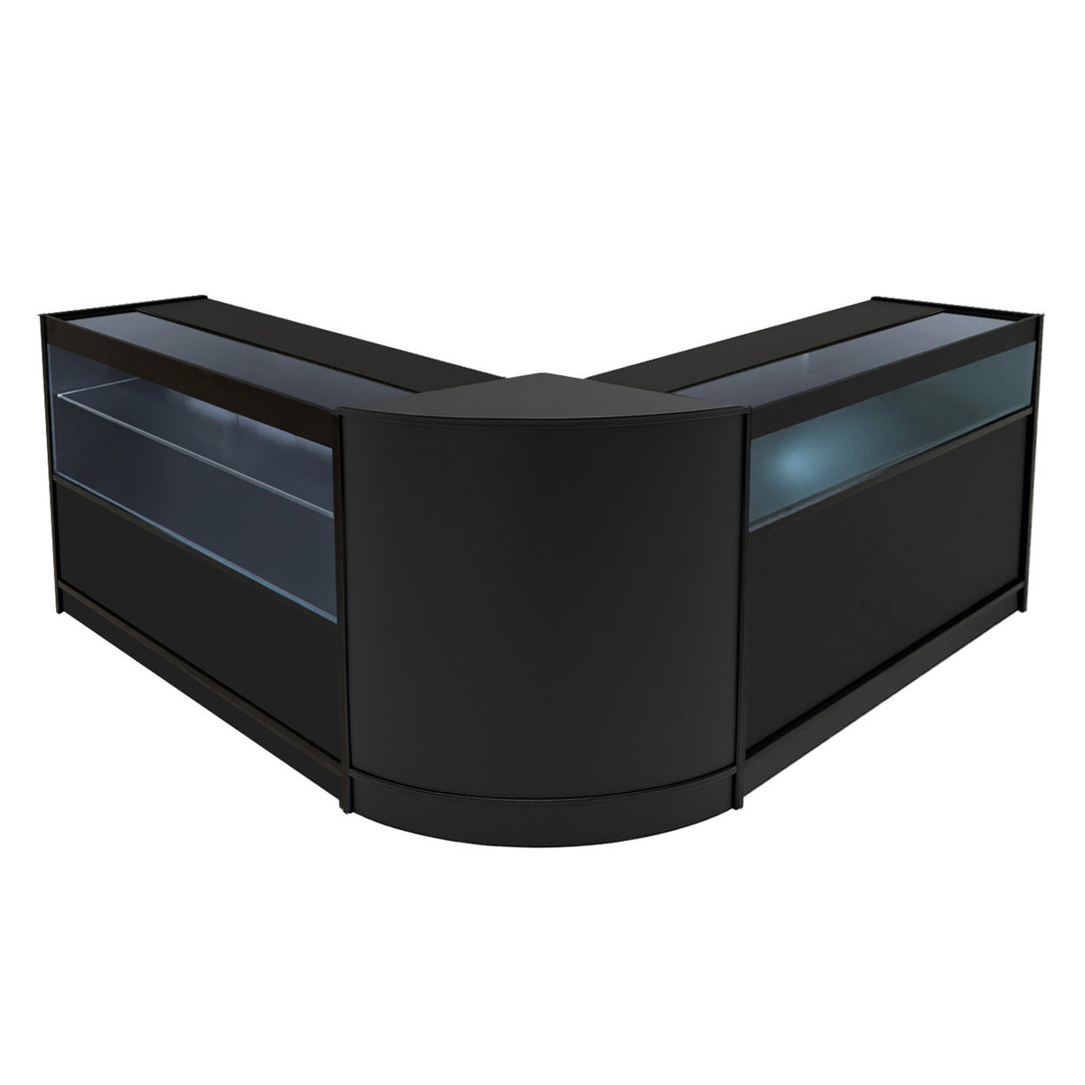 Elegantes Adonis LED Ladentheke Set in Schwarz, bestehend aus zwei Vitrinen und einer Theke, mit glatten Oberflächen und integrierter Beleuchtung