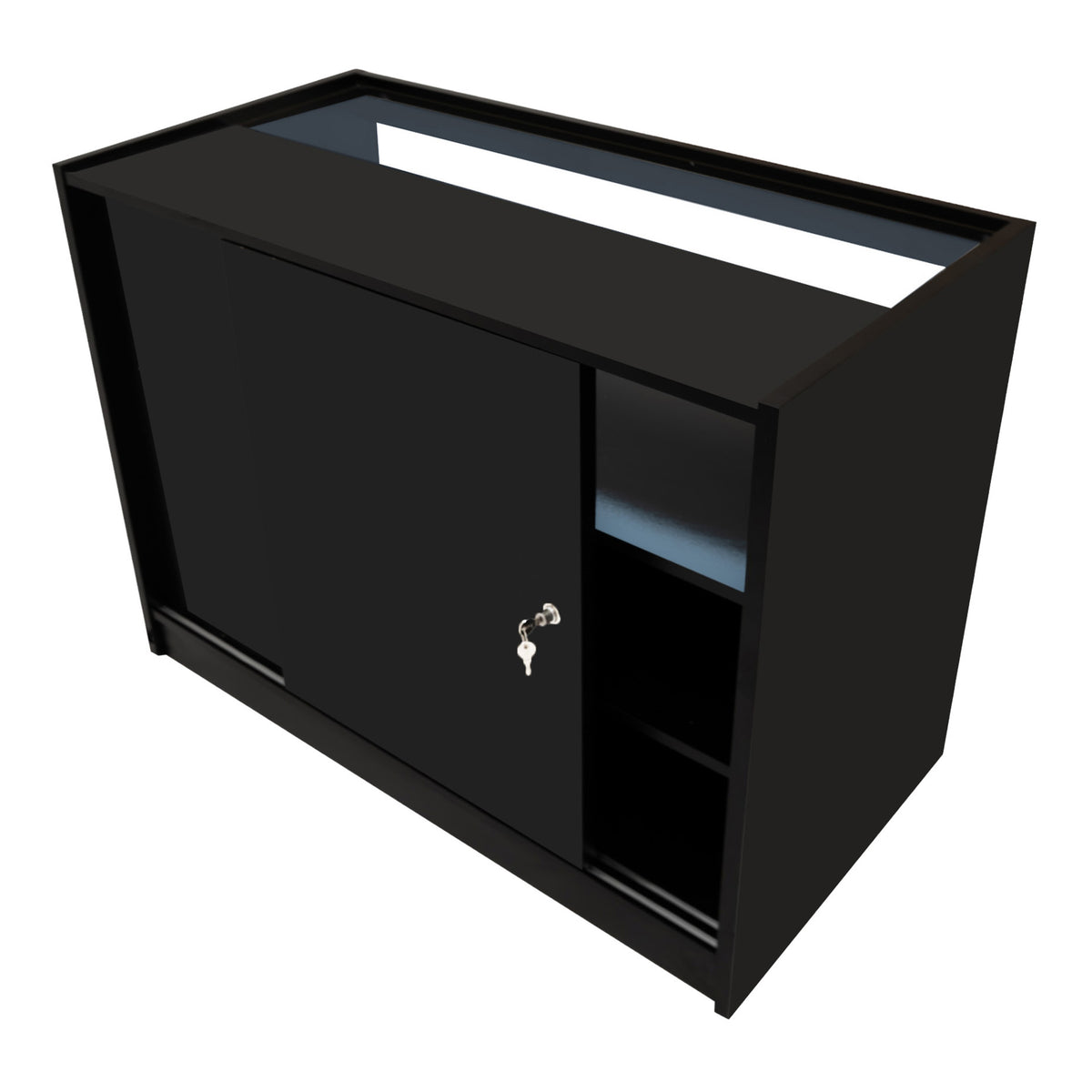 Schwarze LED Ladentheke mit zwei Schubladen, glänzender Oberfläche und modernen, klaren Linien, ideal für Einzelhandelsgeschäfte oder Ausstellungen