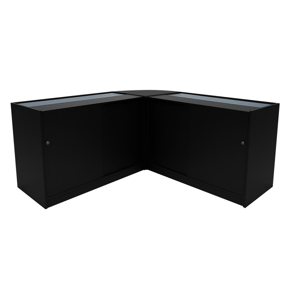 Schwarzes Adonis LED Ladentheke Set mit zwei Glastüren, modernem Design und glatter Oberfläche, ideal für Verkaufsräume und Ausstellungen