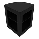 Eckige, schwarze LED Ladentheke mit zwei offenen Regalen, glatte Oberfläche und modernes Design, ideal für Verkaufsräume und Ausstellungen