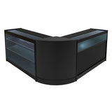 Schwarzes Triton LED Verkaufstheken-Set mit gläsernen Regalen, modernem Design und eleganter, abgerundeter Form für stilvolle Präsentationen