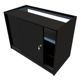 Schwarzes Triton LED Verkaufstheken-Set mit glatter Oberfläche, Schiebetür, und offenen Regalen, ideal für Verkaufsräume und Ausstellungen