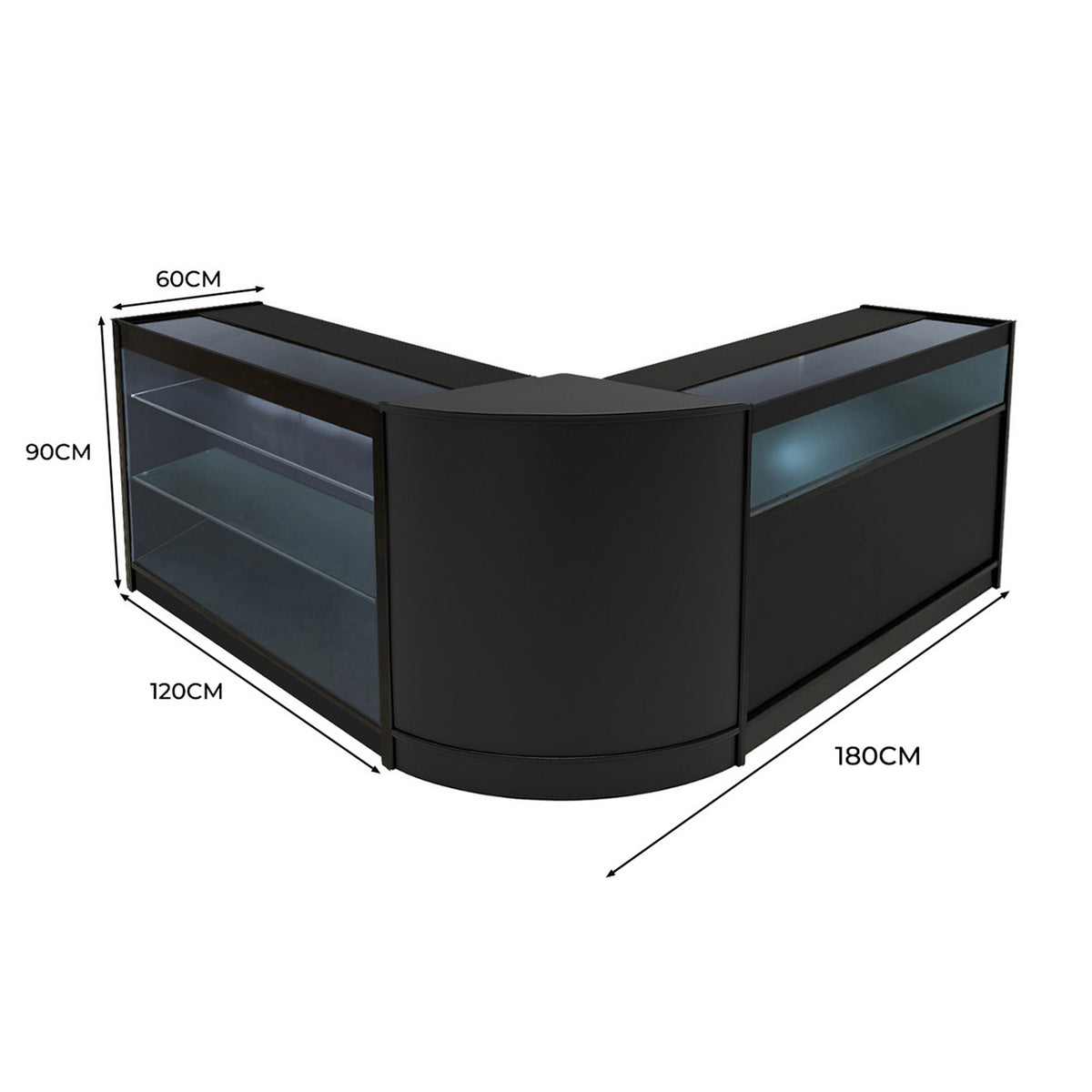 Schwarzes Triton LED Verkaufstheken-Set mit eleganten Glasflächen, abgerundeten Ecken und großzügigem Stauraum, ideal für Verkaufsräume und Ausstellungen