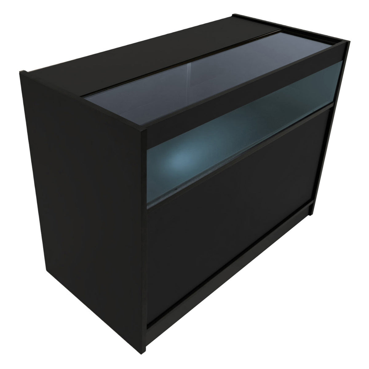 Schwarzes Triton LED Verkaufstheken-Set mit gläserner Oberseite und beleuchtetem Innenraum, modern und elegant für Verkaufsräume