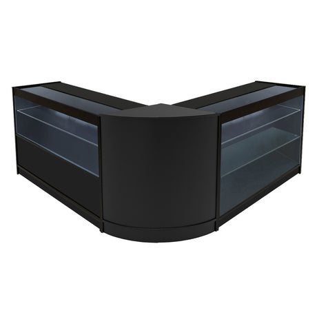 Schwarzes Hera LED Verkaufstheken-Set mit abgerundeten Kanten, Glasregalen und eleganter, moderner Optik, ideal für Verkaufsräume
