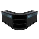 Schwarzes LED Verkaufstheken-Set bestehend aus zwei eleganten, modernen Vitrinen mit Glasoberflächen und offenen Regalen für optimale Präsentation