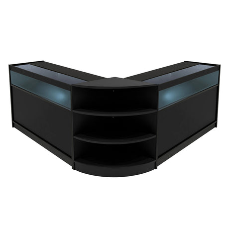 Schwarzes LED Verkaufstheken-Set bestehend aus zwei eleganten, modernen Vitrinen mit Glasoberflächen und offenen Regalen für optimale Präsentation