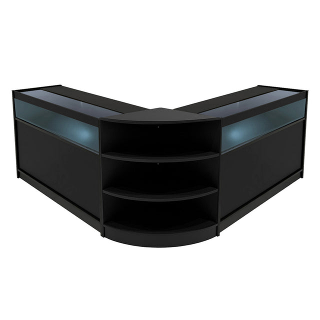 Schwarzes LED Verkaufstheken-Set bestehend aus zwei eleganten, modernen Vitrinen mit Glasoberflächen und offenen Regalen für optimale Präsentation