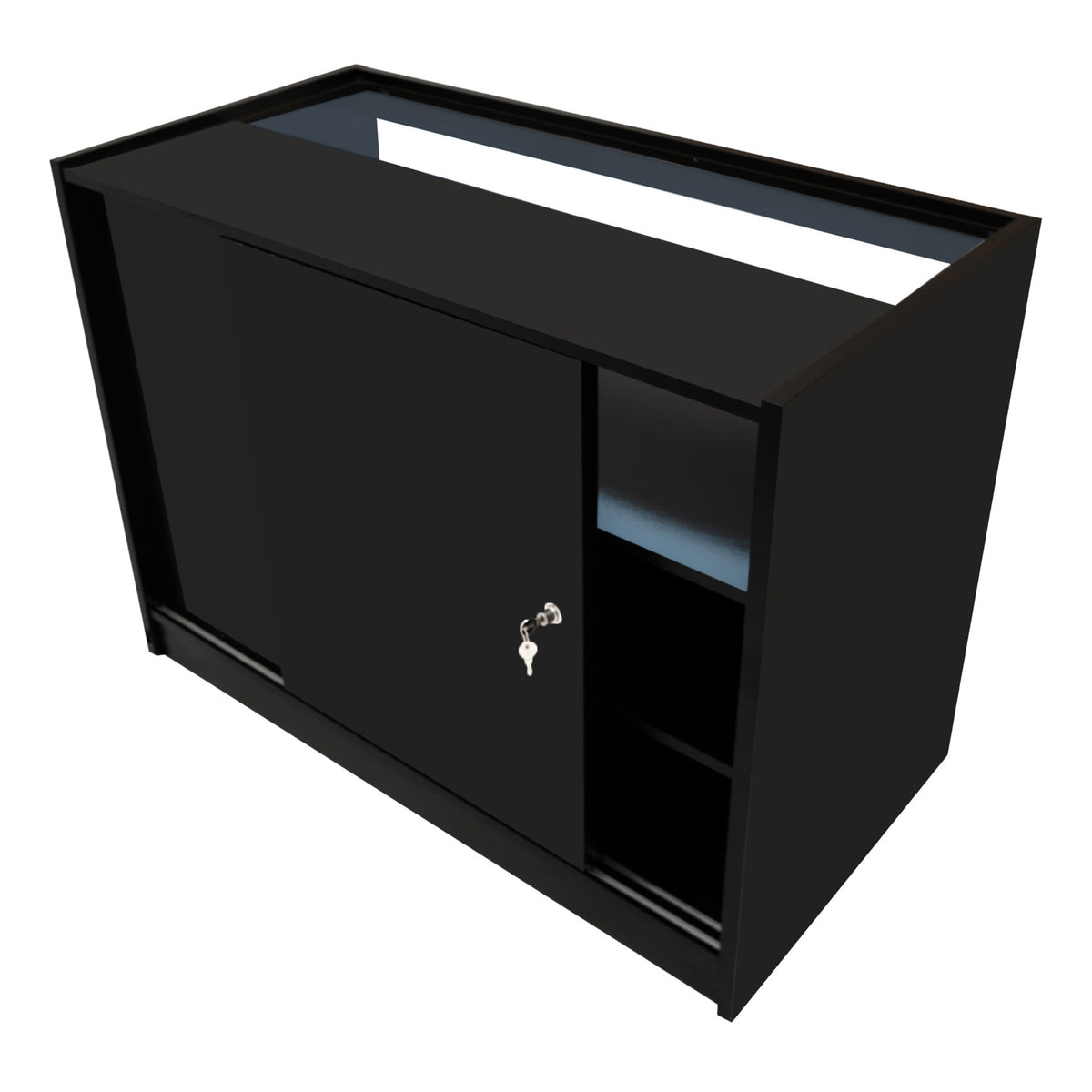 Schwarzes LED-Verkaufstheken-Set bestehend aus zwei eleganten, modernen Möbelstücken mit glatten Oberflächen und einem praktischen Schiebetürdesign