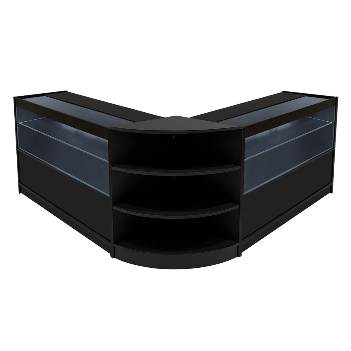 Schwarzes Andromeda LED Verkaufstheken-Set mit zwei Vitrinen, elegantem Design, gläsernen Fronten und abgerundeten Regalen für optimale Präsentation