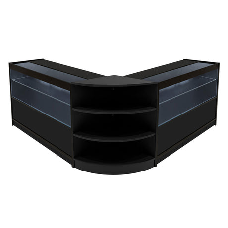 Schwarzes Andromeda LED Verkaufstheken-Set mit zwei Vitrinen, elegantem Design, gläsernen Fronten und abgerundeten Regalen für optimale Präsentation