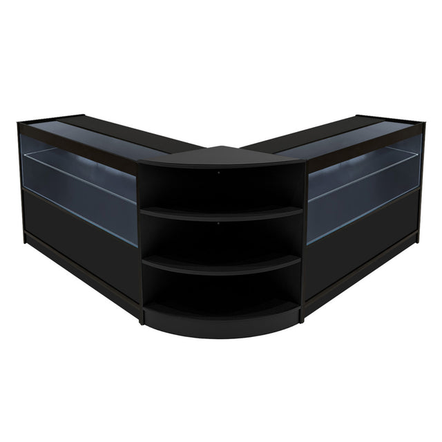 Schwarzes Andromeda LED Verkaufstheken-Set mit zwei Vitrinen, elegantem Design, gläsernen Fronten und abgerundeten Regalen für optimale Präsentation