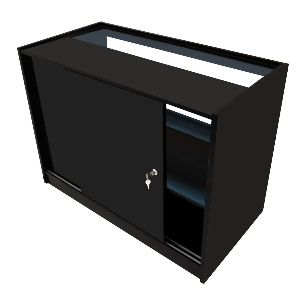 Schwarzes Andromeda LED Verkaufstheken-Set mit zwei Einheiten, glänzende Oberfläche, moderne Form, abschließbare Tür und offene Regale für optimale Präsentation
