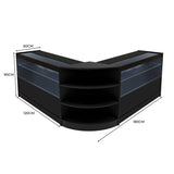 Schwarzes Andromeda LED Verkaufstheken-Set mit zwei Teilen, abgerundeten Ecken, Glasregalen und modernen LED-Leuchten, ideal für Verkaufsräume