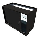 Schwarzes Apollo LED Verkaufstheken-Set mit gläsernen Regalen, eleganter Oberfläche und Schiebetür, ideal für Verkaufsräume und Ausstellungen