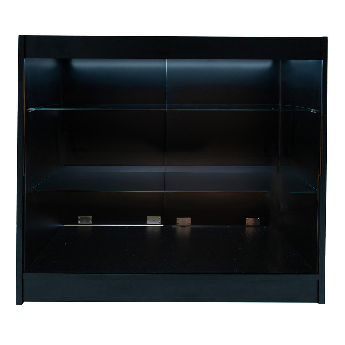 Schwarzes Apollo LED Verkaufstheken-Set mit zwei Regalen, beleuchtet, aus hochwertigem Material, modern und elegant, ideal für Verkaufsräume