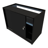 Schwarzes Harmonia LED Verkaufstheken-Set mit modernen, glatten Oberflächen, einer Schiebetür und offenen Regalen für optimale Präsentation und Stauraum