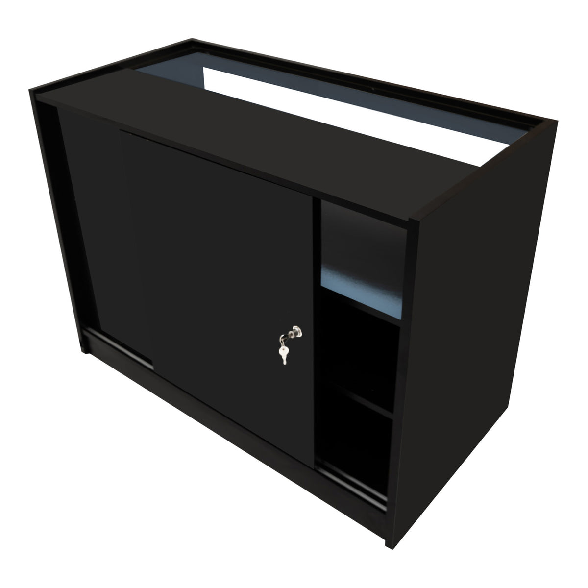Schwarzes LED Verkaufstheken-Set mit glatter Oberfläche, abschließbarem Schrank und offenen Regalen, ideal für Verkaufsräume und Ausstellungen